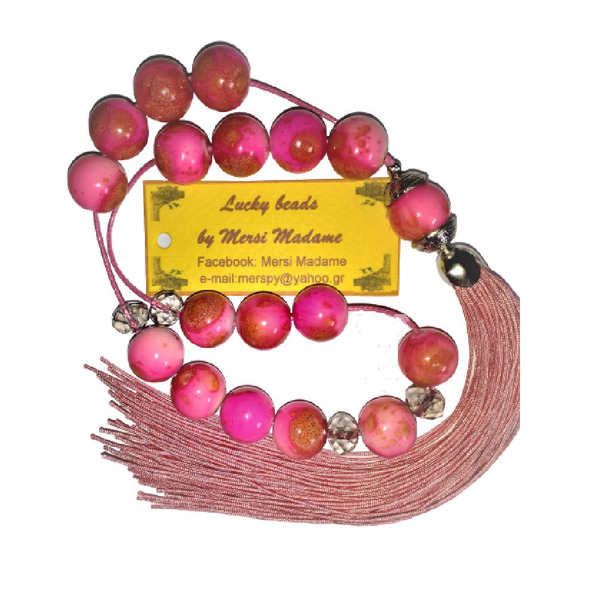 Κομπολόι διακοσμητικό με γυάλινες χάντρες σε ροζ χρώμα, 37 εκατοστά. - γυαλί, με φούντες, κορδόνια, χάντρες - 4
