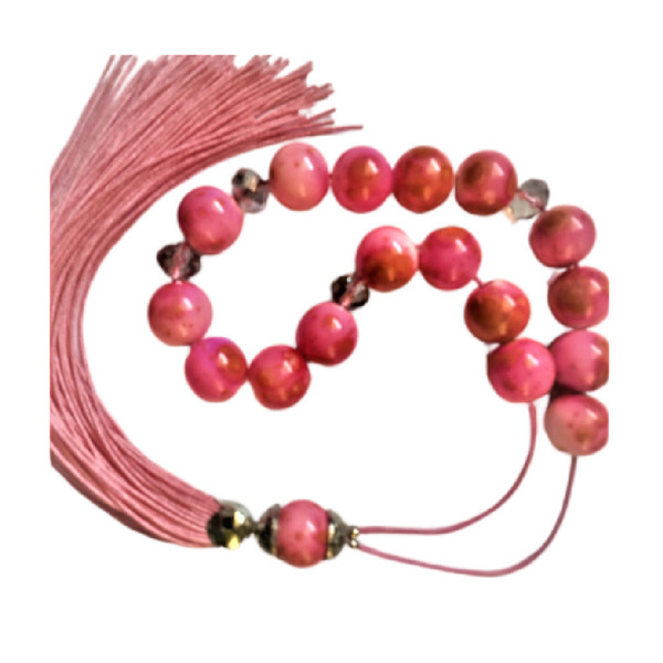 Κομπολόι διακοσμητικό με γυάλινες χάντρες σε ροζ χρώμα, 37 εκατοστά. - γυαλί, με φούντες, κορδόνια, χάντρες - 5