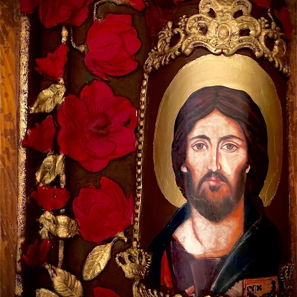 Εικόνα Ιησού πάνω σε μεγαλη κεραμίδα με ντεκουπάζ πηλο χρώμα κιμωλίας και χρυσές πατινες - πηλός, διακοσμητικά - 2