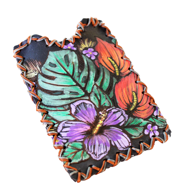 Δερμάτινο Πορτοφόλι για κάρτες Tropical / Floral ζωγραφισμένο και ραμμένο στο χέρι - δέρμα, ζωγραφισμένα στο χέρι, φλοράλ, δώρα για γυναίκες