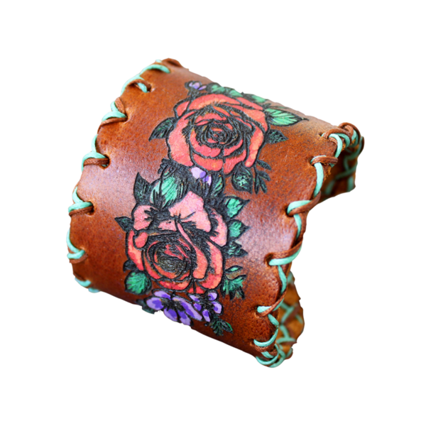 Φαρδύ Γυναικείο Δερμάτινο Βραχιόλι Τριαντάφυλλο, 20 X 5 εκ - δέρμα, γυναικεία, τριαντάφυλλο, boho, φαρδιά