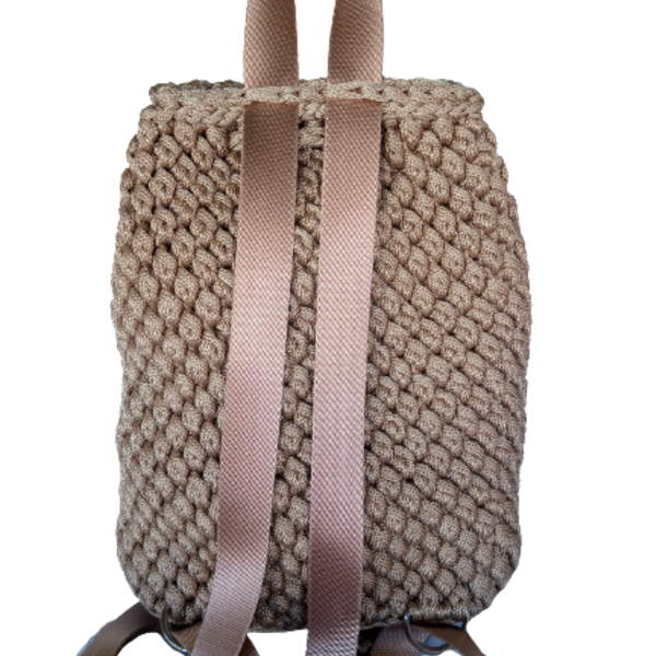 Πλεκτή μπεζ τσάντα πλάτης (backpack) - νήμα, πλάτης, μεγάλες, all day, πλεκτές τσάντες - 2