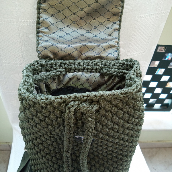 Πλεκτή λαδί τσάντα πλάτης (backpack) - ύφασμα, πλάτης, μεγάλες, all day, πλεκτές τσάντες - 3