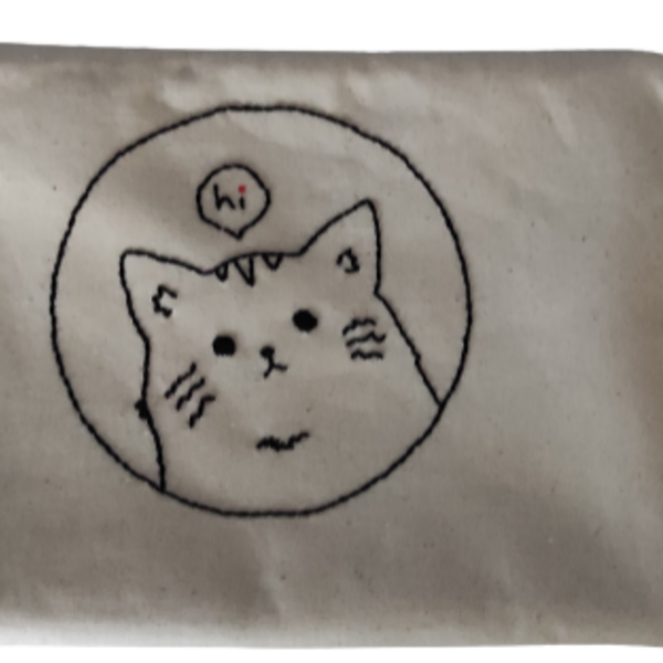 Τσαντάκι σε καμβά με κέντημα γάτας και χερούλι- μέγεθος 27*19 εκ. - ύφασμα, φάκελοι, χειρός, πάνινες τσάντες