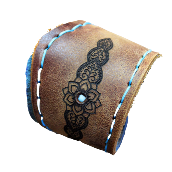 Φαρδύ Γυναικείο Δερμάτινο Χειροποίητο Βραχιόλι Boho/Hippie Mandala, με επένδυση και τιρκουάζ, 20 Χ 5 εκ - δέρμα, ημιπολύτιμες πέτρες, boho, χεριού, φαρδιά