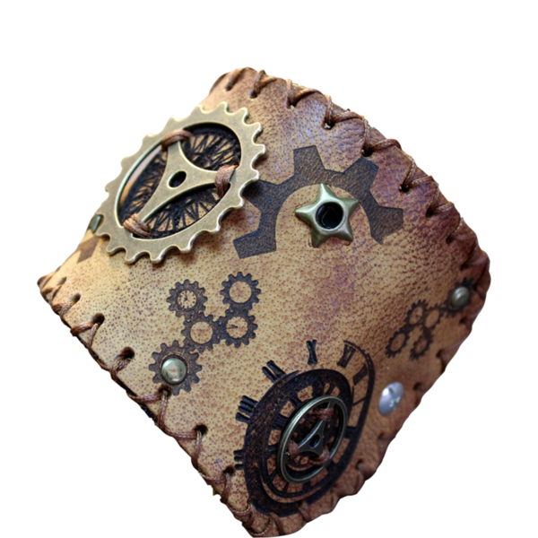Φαρδύ Unisex Δερμάτινο Βραχιόλι Steampunk με χάλκινα γρανάζια και επένδυση, ραμμένο στο χέρι, μήκος 21 εκ - δέρμα, unisex, αυξομειούμενα, φαρδιά