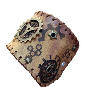 Φαρδύ Unisex Δερμάτινο Βραχιόλι Steampunk με χάλκινα γρανάζια και επένδυση, ραμμένο στο χέρι, μήκος 21 εκ - αυξομειούμενα, δέρμα, φαρδιά, unisex