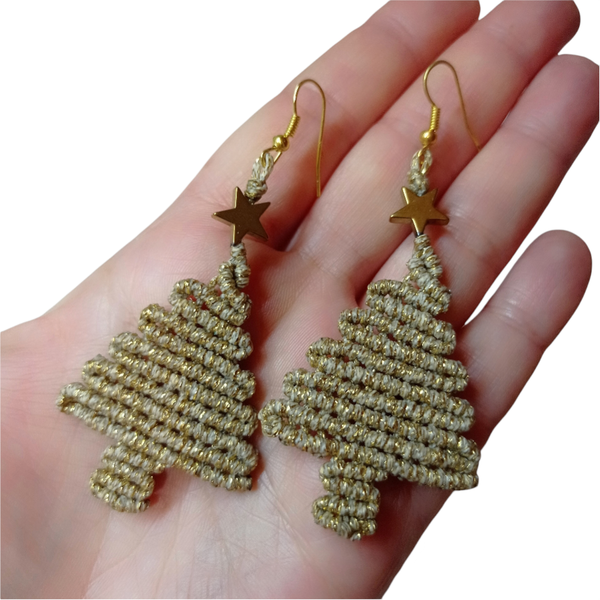 Σκουλαρίκια Χριστουγεννιάτικο Δέντρο Μακραμέ Χρυσό - ημιπολύτιμες πέτρες, μακραμέ, μικρά, κρεμαστά, χριστουγεννιάτικα δώρα