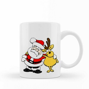 Χριστουγεννιάτικη κούπα - Mug Λευκή "Άγιος Βασίλης με ρούντολφ" 11oz - 300ml - πορσελάνη, χριστουγεννιάτικα δώρα, κούπες & φλυτζάνια, κούπες με ονόματα, παιδικές κούπες