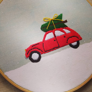 Χριστουγεννιάτικο κεντημένο αυτοκίνητο σε ύφασμα 19εκ. - ύφασμα, διακοσμητικά, δέντρο - 3