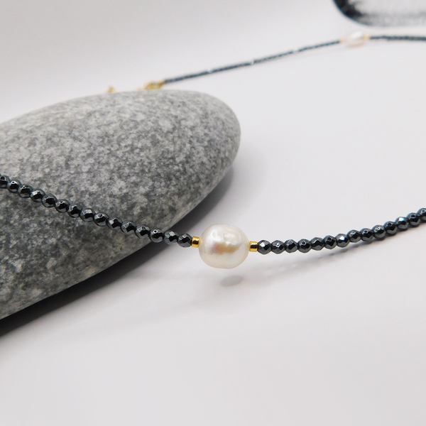 Κολιέ με αιματίτη, μαργαριτάρια και επιχρυσωμένες χάντρες miyuki - ημιπολύτιμες πέτρες, μαργαριτάρι, τσόκερ, κοντά, πέρλες - 2
