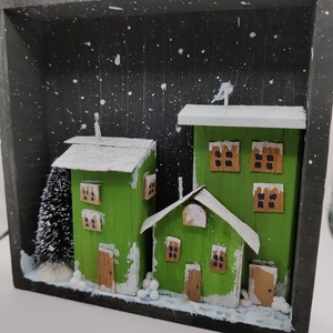 Ξύλινη Χιονισμένη πόλη σε καδράκι 14*14 - ξύλο, πίνακες & κάδρα, διακοσμητικά, χριστουγεννιάτικα δώρα - 4