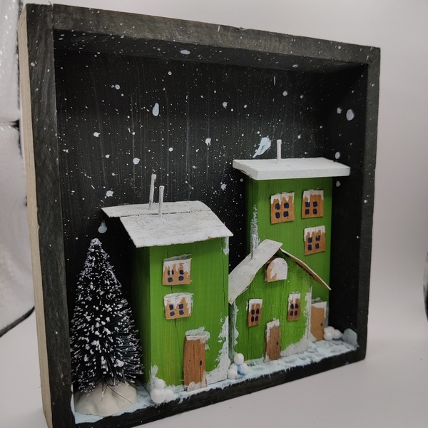 Ξύλινη Χιονισμένη πόλη σε καδράκι 14*14 - ξύλο, πίνακες & κάδρα, διακοσμητικά, χριστουγεννιάτικα δώρα - 5