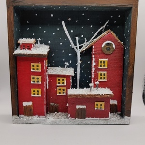 Κόκκινη χιονισμένη πόλη σε καδράκι - ξύλο, σπίτι, διακοσμητικά, χριστουγεννιάτικα δώρα - 4