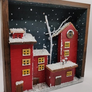Κόκκινη χιονισμένη πόλη σε καδράκι - ξύλο, σπίτι, διακοσμητικά, χριστουγεννιάτικα δώρα - 5