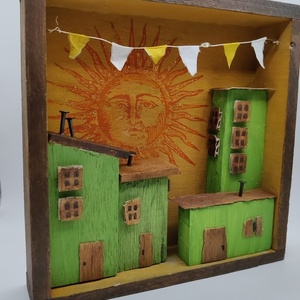Ξύλινη πόλη με ήλιο σε καδράκι 14*14 - ξύλο, πίνακες & κάδρα, ήλιος, διακοσμητικά - 4