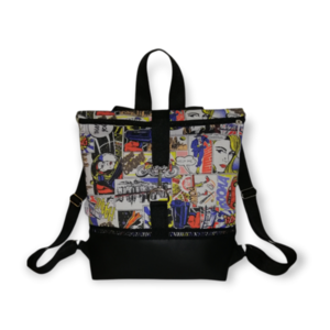 Backpack με ύφασμα Pop Art και μαύρη δερματίνη - ύφασμα, πλάτης, all day, δερματίνη, δώρα για γυναίκες