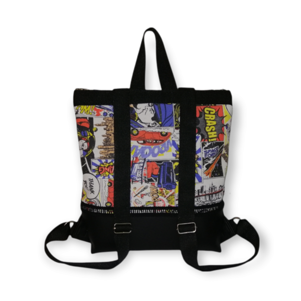 Backpack με ύφασμα Pop Art και μαύρη δερματίνη - ύφασμα, πλάτης, all day, δερματίνη, δώρα για γυναίκες - 2
