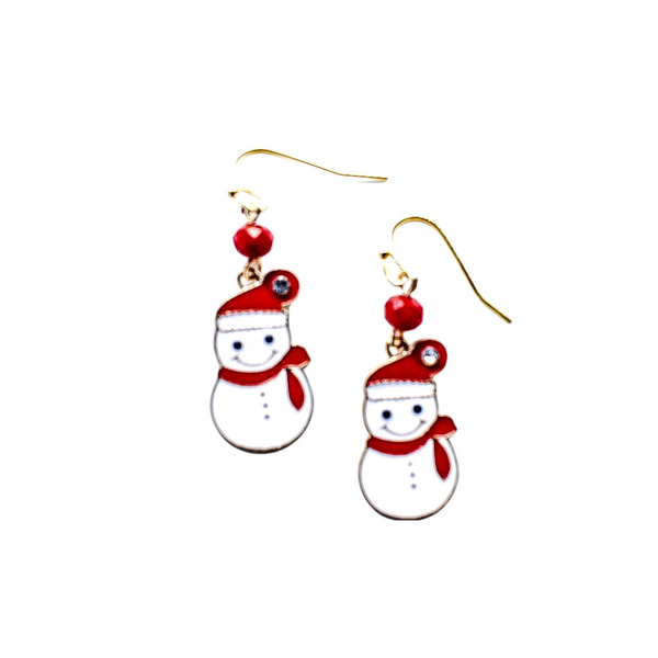 Σκουλαρίκια χιονάνθρωπος με κόκκινο σκούφο. - μέταλλο, κοσμήματα, χιονάνθρωπος, χριστουγεννιάτικα δώρα