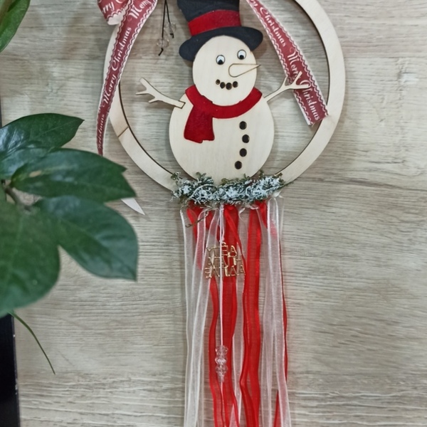 Χριστουγεννιάτικο στολίδι κρεμαστό με χιονάνθρωπο σε κόκκινο χρώμα, ξύλινο διάμετρος 14 - ξύλο, vintage, χιονονιφάδα, στολίδια - 2