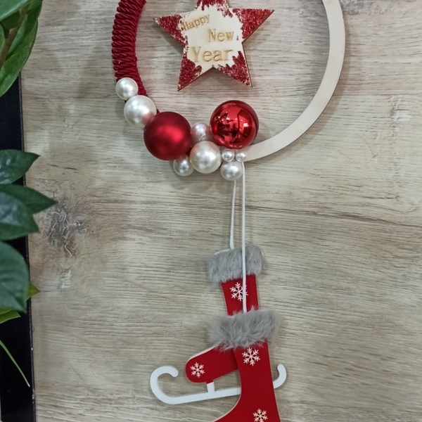 Χριστουγεννιάτικο στολίδι κρεμαστό με αστέρι ξύλινο και κρεμαστές μπότες σε κόκκινο χρώμα διάμετρος 14 - vintage, αστέρι, στολίδια, μπάλες - 2