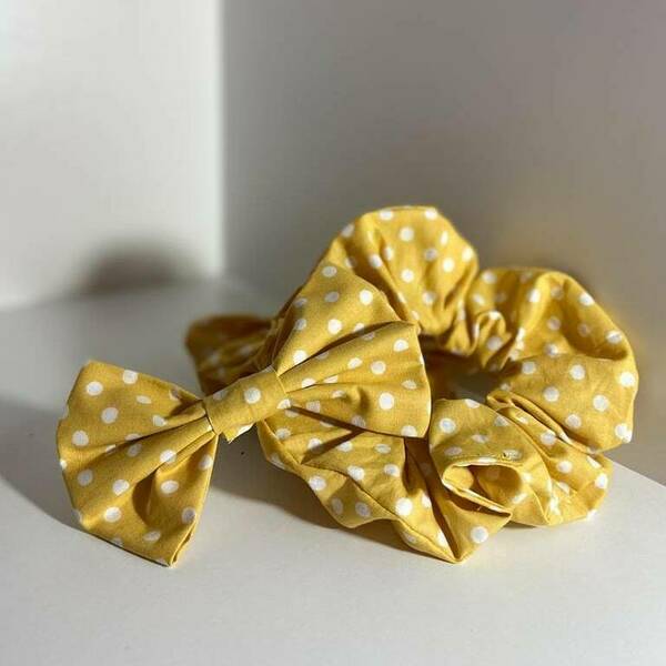 Cotton yellow polka-dot παπιγιόν~φιόγκος ( 3 μεγέθη ) - 4