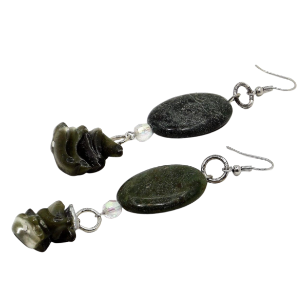 "Olive Stone" - Κρεμαστά σκουλαρίκια με ημιπολύτιμες πέτρες, κοχύλια και χάντρες - ημιπολύτιμες πέτρες, αχάτης, κοχύλι, κρεμαστά, γάντζος