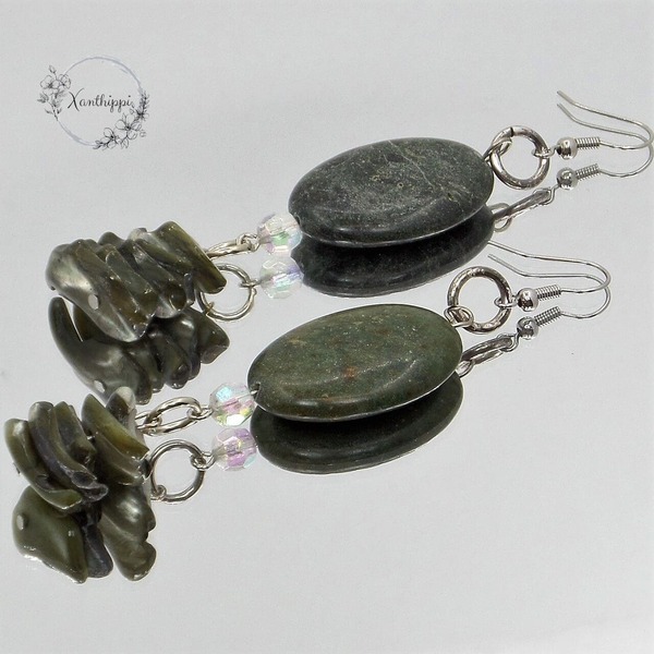 "Olive Stone" - Κρεμαστά σκουλαρίκια με ημιπολύτιμες πέτρες, κοχύλια και χάντρες - ημιπολύτιμες πέτρες, αχάτης, κοχύλι, κρεμαστά, γάντζος - 3