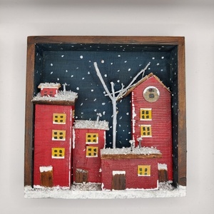 Κόκκινη χιονισμένη πόλη σε καδράκι - ξύλο, σπίτι, διακοσμητικά, χριστουγεννιάτικα δώρα - 3