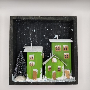 Ξύλινη Χιονισμένη πόλη σε καδράκι 14*14 - διακοσμητικά, ξύλο, πίνακες & κάδρα, χριστουγεννιάτικα δώρα
