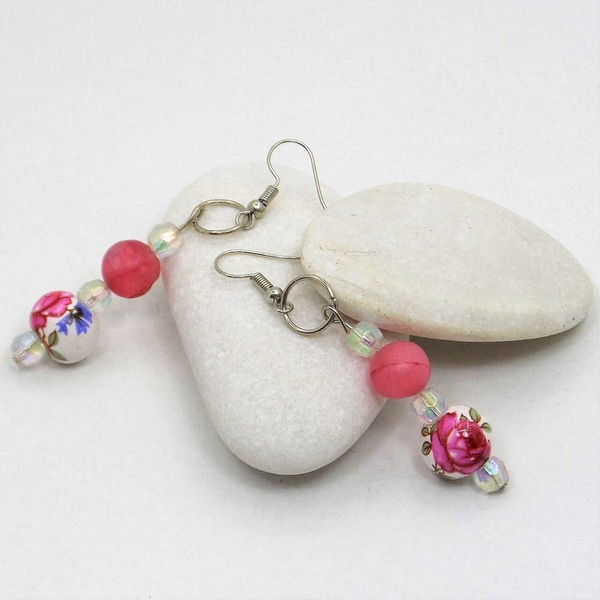 "Rosebud" - Κρεμαστά -Vintage- σκουλαρίκια με ημιπολύτιμες πέτρες - ημιπολύτιμες πέτρες, χάντρες, λουλούδι, κρεμαστά, γάντζος - 2