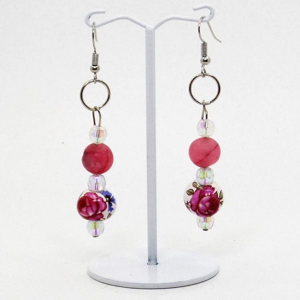 "Rosebud" - Κρεμαστά -Vintage- σκουλαρίκια με ημιπολύτιμες πέτρες - ημιπολύτιμες πέτρες, χάντρες, λουλούδι, κρεμαστά, γάντζος - 3