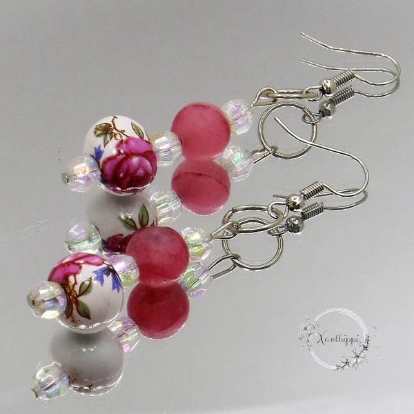 "Rosebud" - Κρεμαστά -Vintage- σκουλαρίκια με ημιπολύτιμες πέτρες - ημιπολύτιμες πέτρες, χάντρες, λουλούδι, κρεμαστά, γάντζος - 4