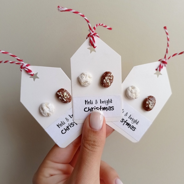 Μελομακάρονο και κουραμπιές χριστουγεννιάτικα σκουλαρίκια από πηλό - πηλός, καρφωτά, μικρά, χριστουγεννιάτικο, φθηνά - 4