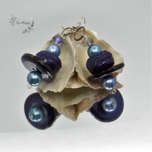 "Βlue Sphere" - Κρεμαστά -Vintage- σκουλαρίκια με κουμπιά και πέρλες - ημιπολύτιμες πέτρες, κουμπί, κρεμαστά, πέρλες, γάντζος - 4