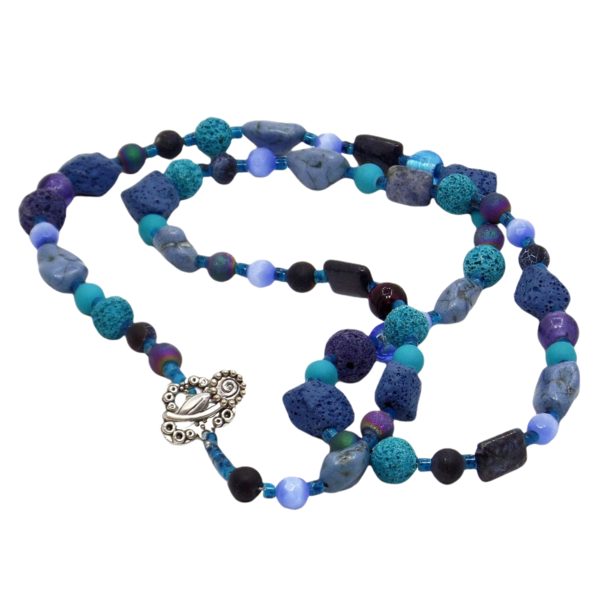 "Waves" - Κολιέ μακρύ με λάβα, ημιπολύτιμες πέτρες και γυαλί - ημιπολύτιμες πέτρες, γυαλί, ροζάριο, μπλε χάντρα