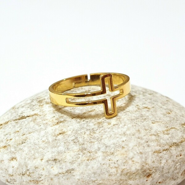 Γυναικείο δαχτυλίδι σταυρός ανοιγόμενο από ατσάλι χρυσό επιχρύσωμα - γυναικεία, επιχρυσωμένα, σταυρός, ατσάλι, αυξομειούμενα - 3