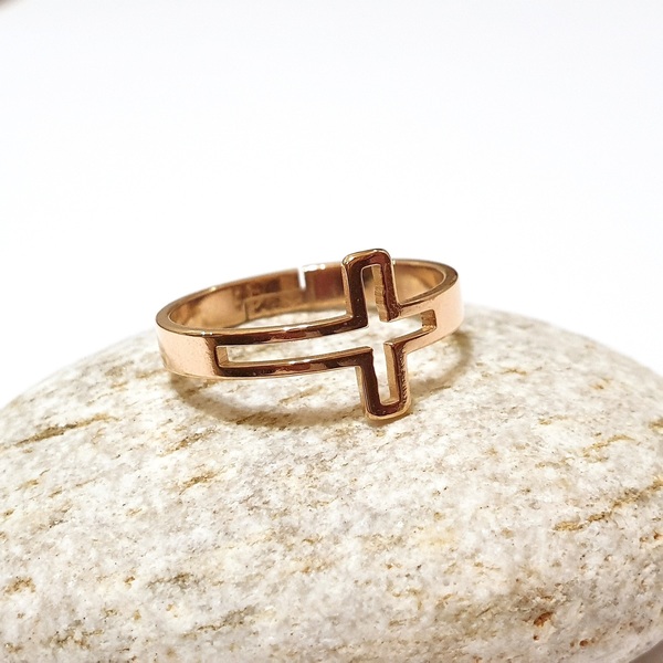 Γυναικείο δαχτυλίδι σταυρός ανοιγόμενο από ατσάλι ροζ χρυσό επιχρύσωμα - γυναικεία, επιχρυσωμένα, σταυρός, ατσάλι, αυξομειούμενα - 3