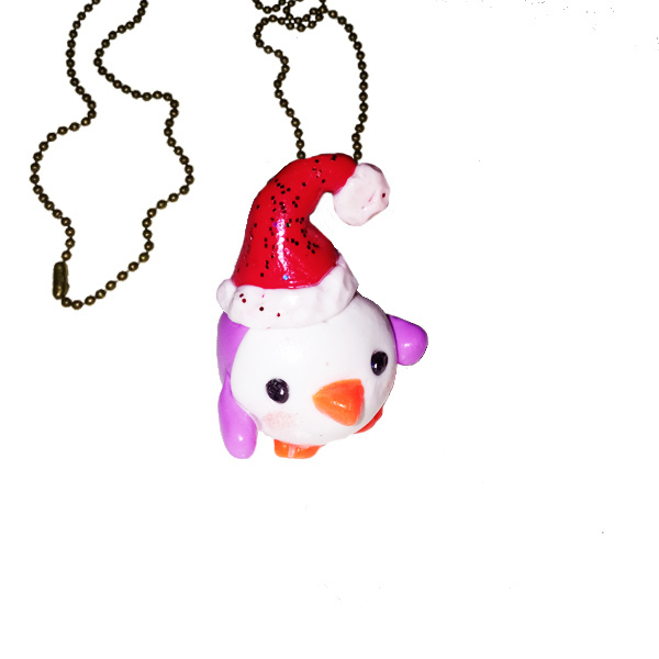 Κολιέ Xmas πιγκουινάκι λιλά από πηλό - μακριά, μπρούντζος, χριστουγεννιάτικα δώρα, μενταγιόν