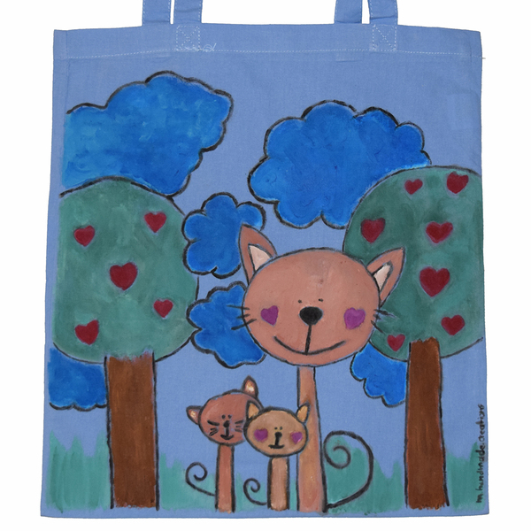 πάνινη τσάντα ώμου ζωγραφισμένη στο χέρι ❤️ γάτες - ύφασμα, ώμου, all day, tote, πάνινες τσάντες