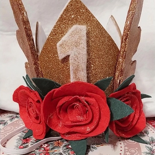 Χειροποίητο στέμμα ταρανδάκι με χρυσό glitter και κόκκινα τριαντάφυλλα 18cm - κορίτσι, πριγκίπισσα, διακοσμητικά - 2