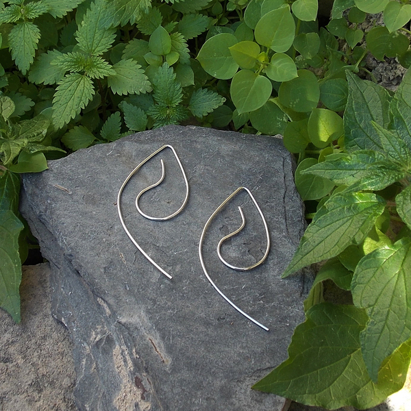"Frond" Ασημένια σκουλαρίκια κρίκος σε σχήμα φύλλο από σύρμα - ασήμι, μακριά, μεγάλα - 3