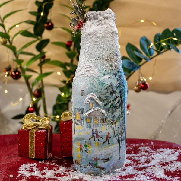 Χριστουγεννιάτικο διακοσμητικό γυάλινο μπουκάλι χιονισμένο χωριό - 26 εκ ύψος - ντεκουπάζ, χριστουγεννιάτικο, διακοσμητικά, διακοσμητικά μπουκάλια - 3