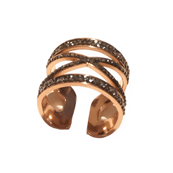 Δαχτυλίδι ροζ χρυσό ατσάλινο ανοιγόμενο με strass μαύρα - στρας, ατσάλι, φθηνά - 2