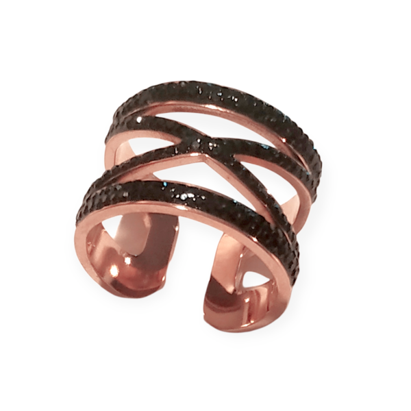Δαχτυλίδι ροζ χρυσό ατσάλινο ανοιγόμενο με strass μαύρα - στρας, ατσάλι, φθηνά