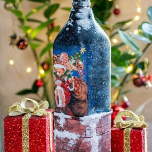 Τετράγωνο γυάλινο μπουκάλι Santa Claus καμινάδα - 28 εκ. ύψος - γυαλί, πηλός, χριστουγεννιάτικο, διακοσμητικά, διακοσμητικά μπουκάλια - 3