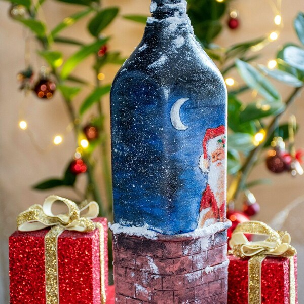 Τετράγωνο γυάλινο μπουκάλι Santa Claus καμινάδα - 28 εκ. ύψος - γυαλί, πηλός, χριστουγεννιάτικο, διακοσμητικά, διακοσμητικά μπουκάλια - 4