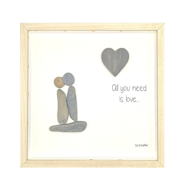 Φωτιζόμενο κάδρο με βότσαλα "All you need is love" (23x23x3) - ξύλο, πίνακες & κάδρα, δώρα γάμου, ζευγάρια, αγ. βαλεντίνου - 2