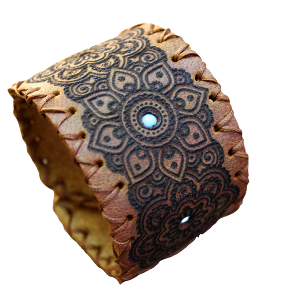 Φαρδύ Γυναικείο Δερμάτινο Βραχιόλι Mandala Τιρκουάζ 20 Χ 5 εκ - δέρμα, ημιπολύτιμες πέτρες, boho, χεριού, φαρδιά