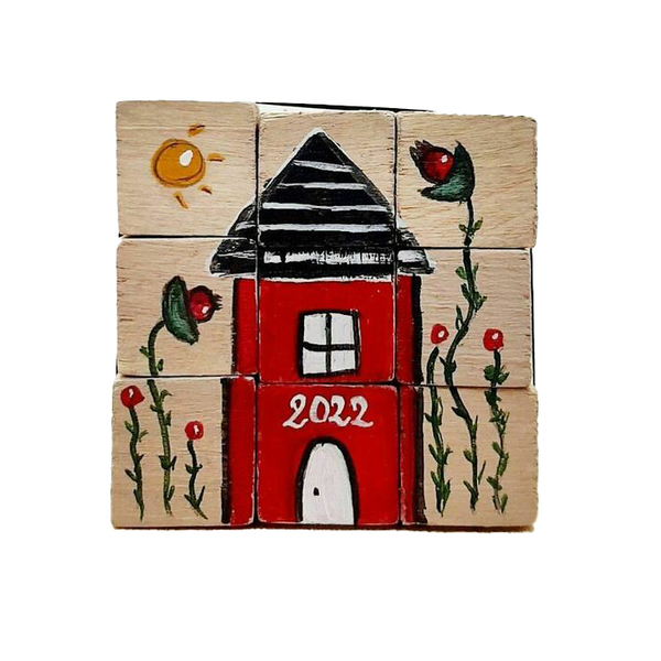 Γουράκι 22 puzzle κόκκινο σπιτάκι - (5x5εκ) - ξύλο, ζωγραφισμένα στο χέρι, γούρια